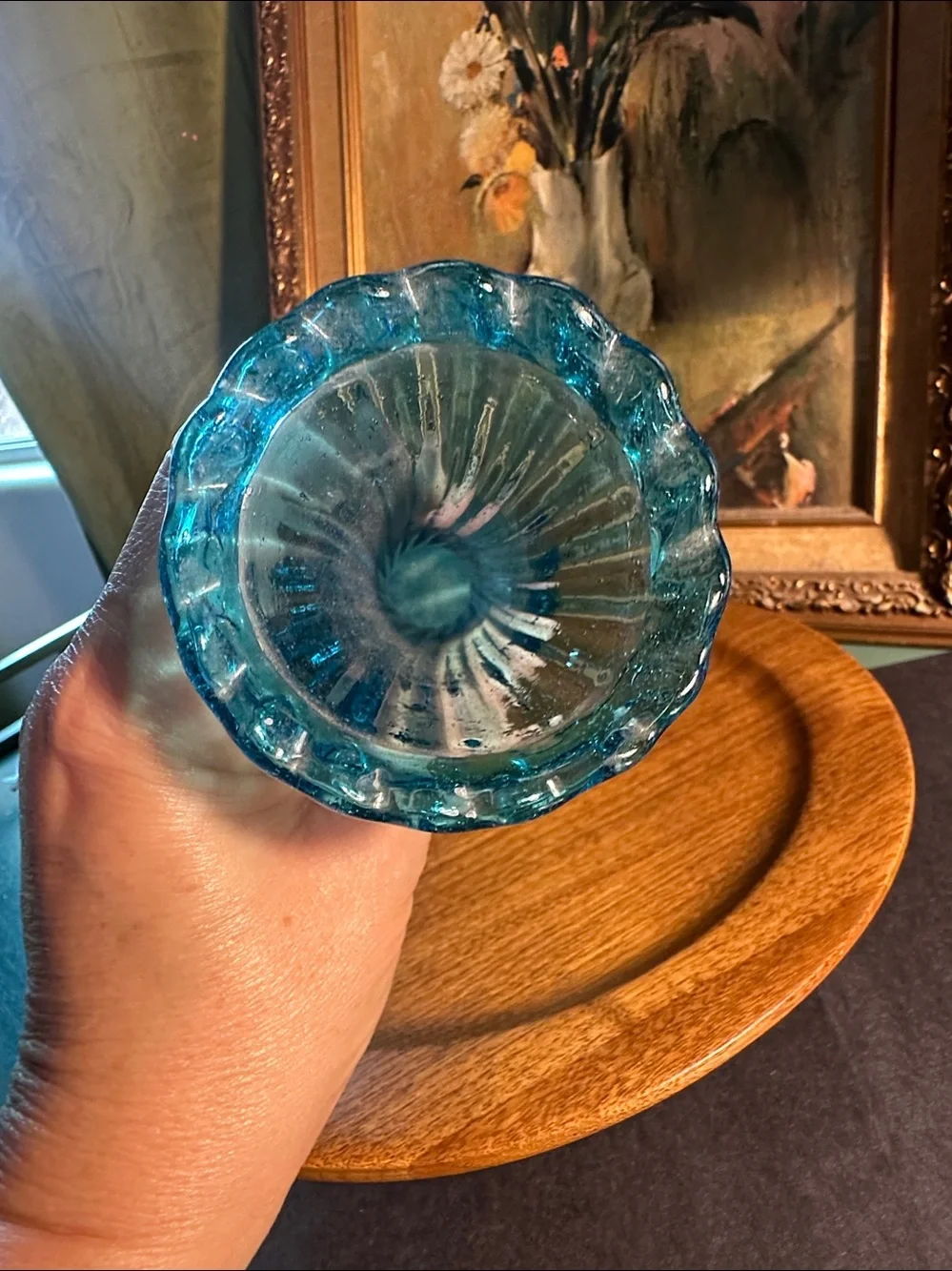 Two piece blue glass blown . Vase and salt cellar .